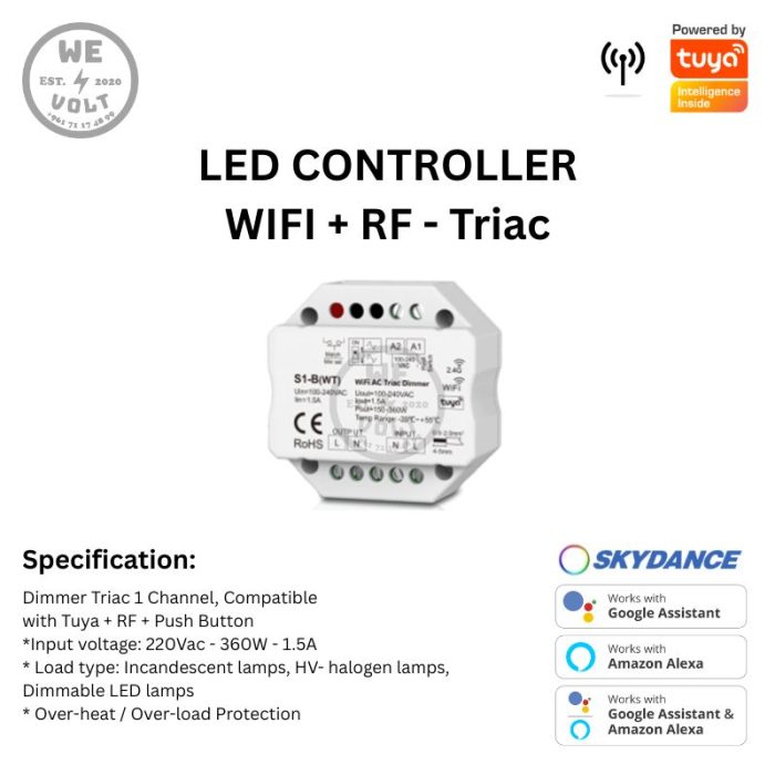 Skydance S1-B(WT) 1-Channel Triac Dimmer compatible with Tuya, RF, and push button