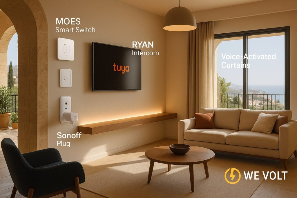 Smart home living room with MOES switch, Sonoff plug, Ryan intercom, and voice-activated curtains powered by Tuya – by We Volt