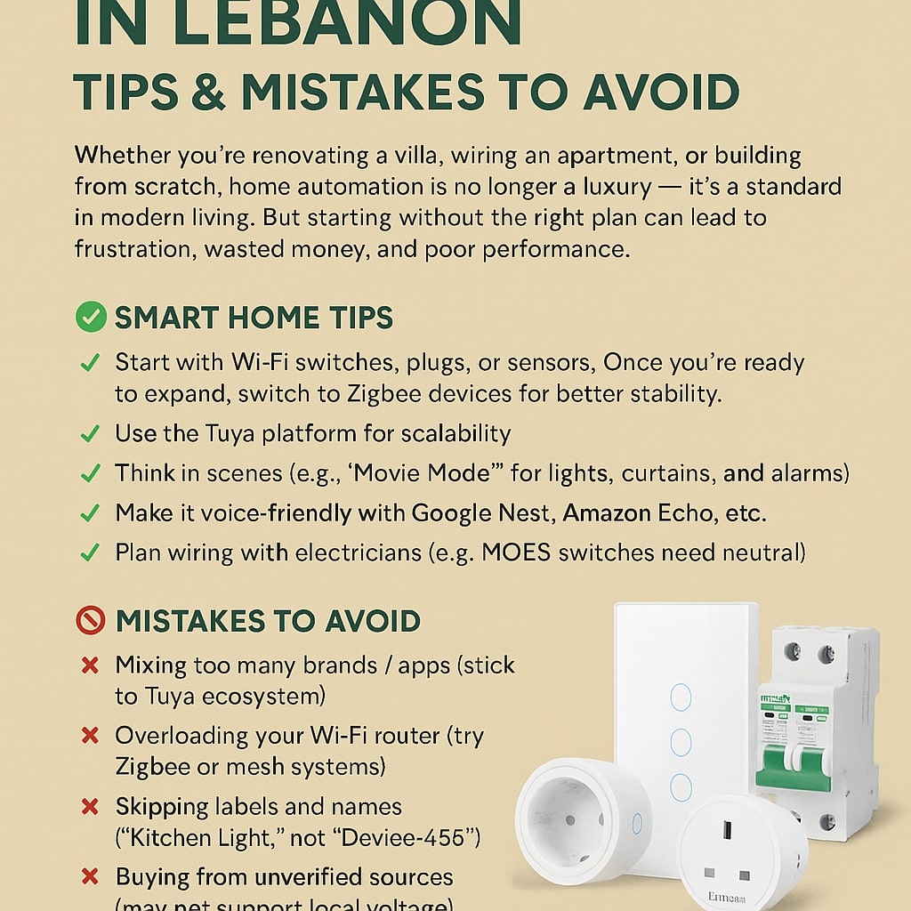 Tips and mistakes for home automation in Lebanon with smart devices like MOES switch, plug, and Tongou breaker
