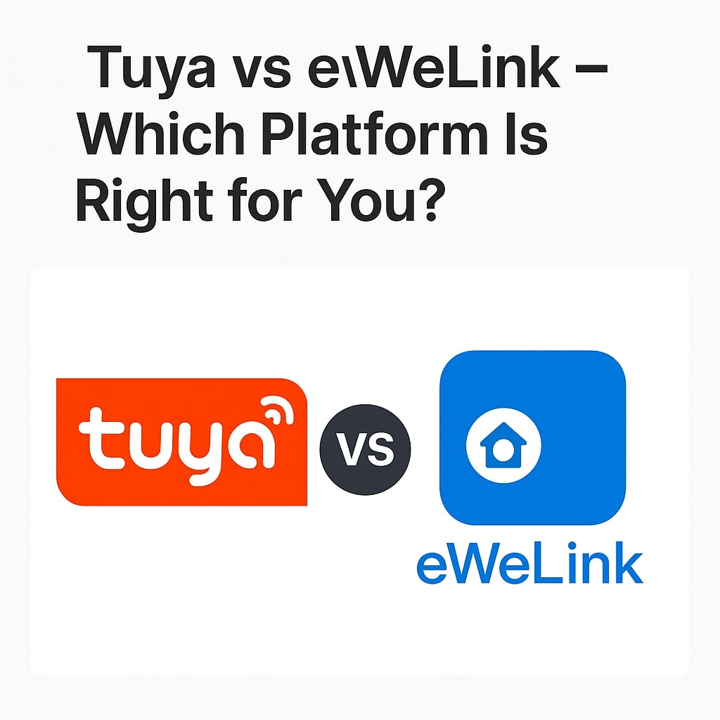 Comparison between Tuya and eWeLink smart home platforms showing their logos side by side