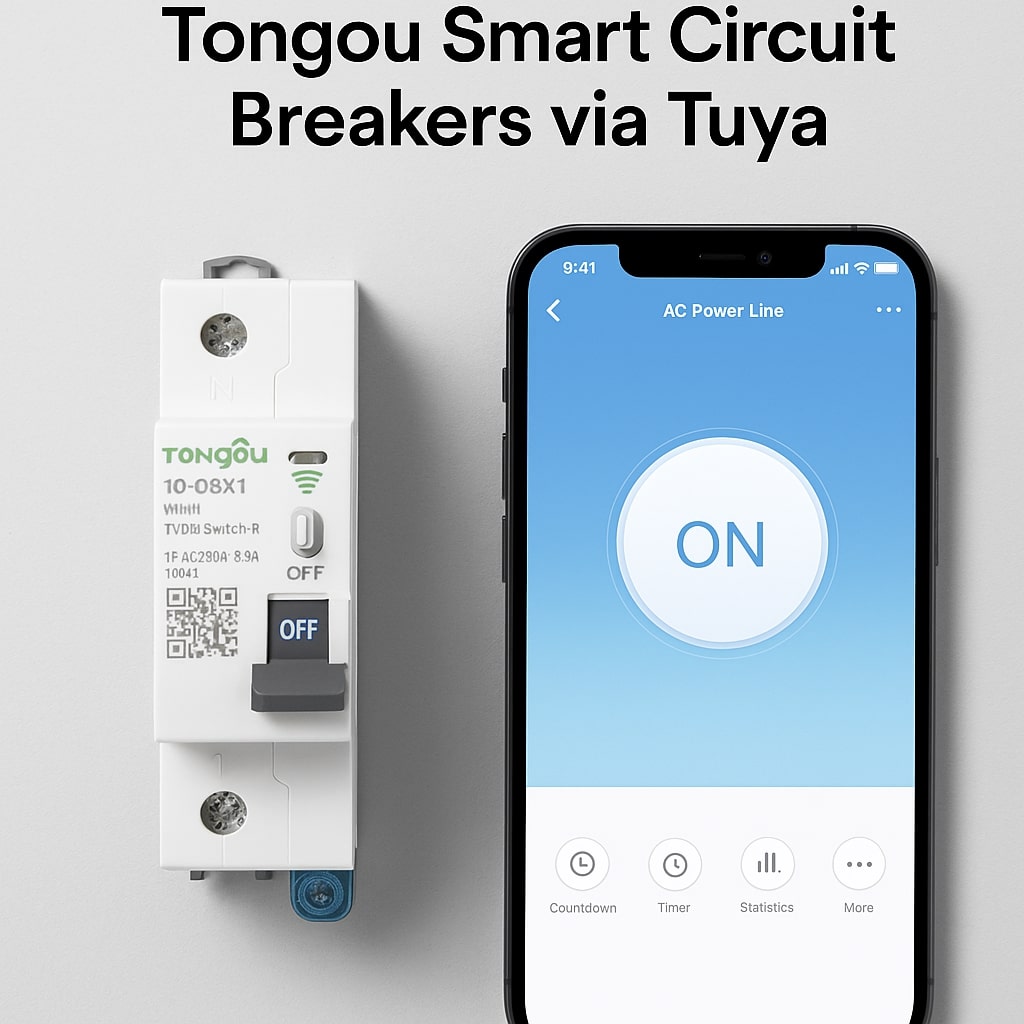 Tongou smart circuit breaker with smartphone showing Tuya app control screen