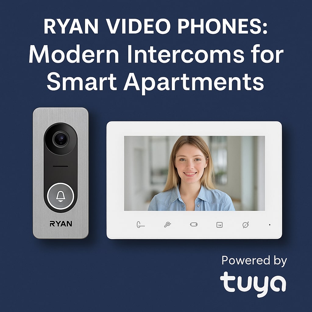 Ryan smart video intercom system with outdoor camera and indoor monitor displaying a visitor