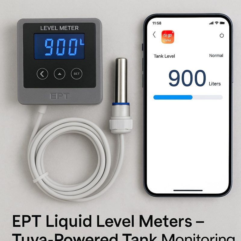 EPT digital liquid level meter with smartphone displaying Tuya app tank reading