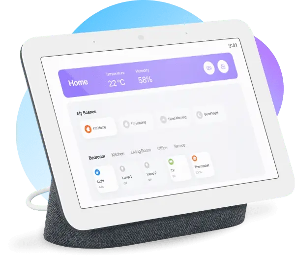Smart home control panel displaying temperature, humidity, and room automation