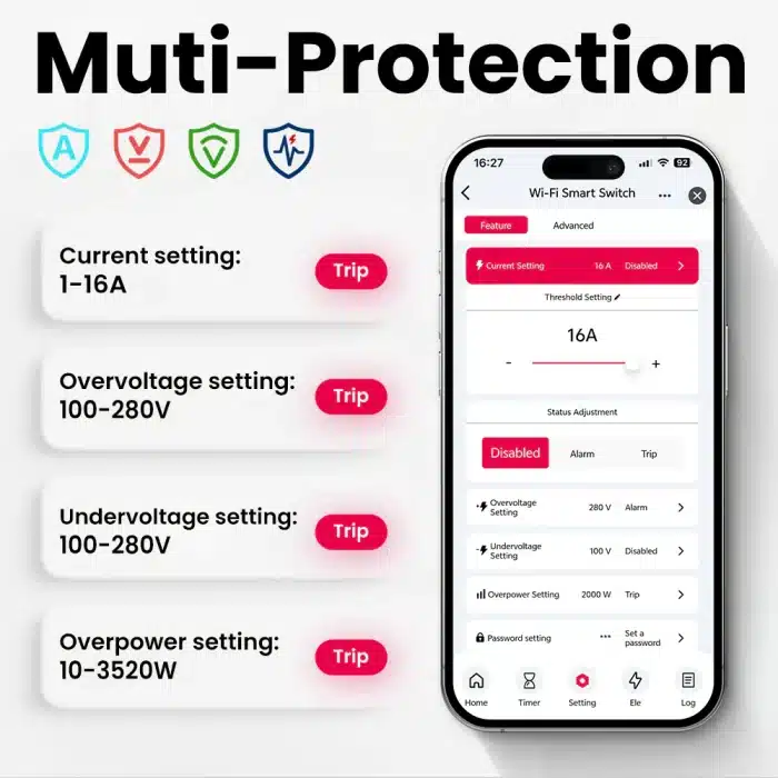 Protection settings interface for Tongou WiFi Smart Switch – Overcurrent, Overvoltage, Undervoltage