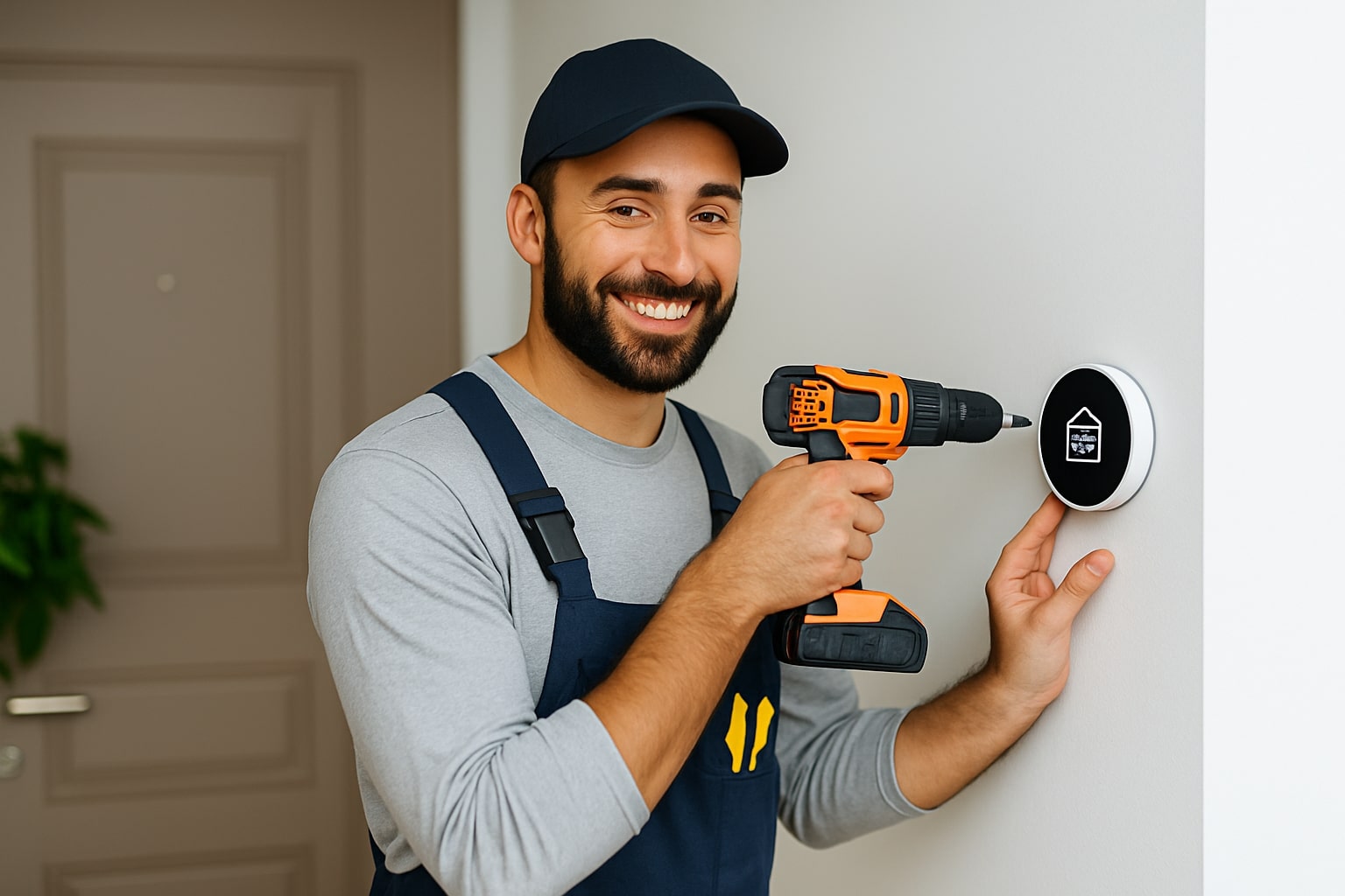 Smiling WeVolt technician installing a smart home device on a wall in Lebanon