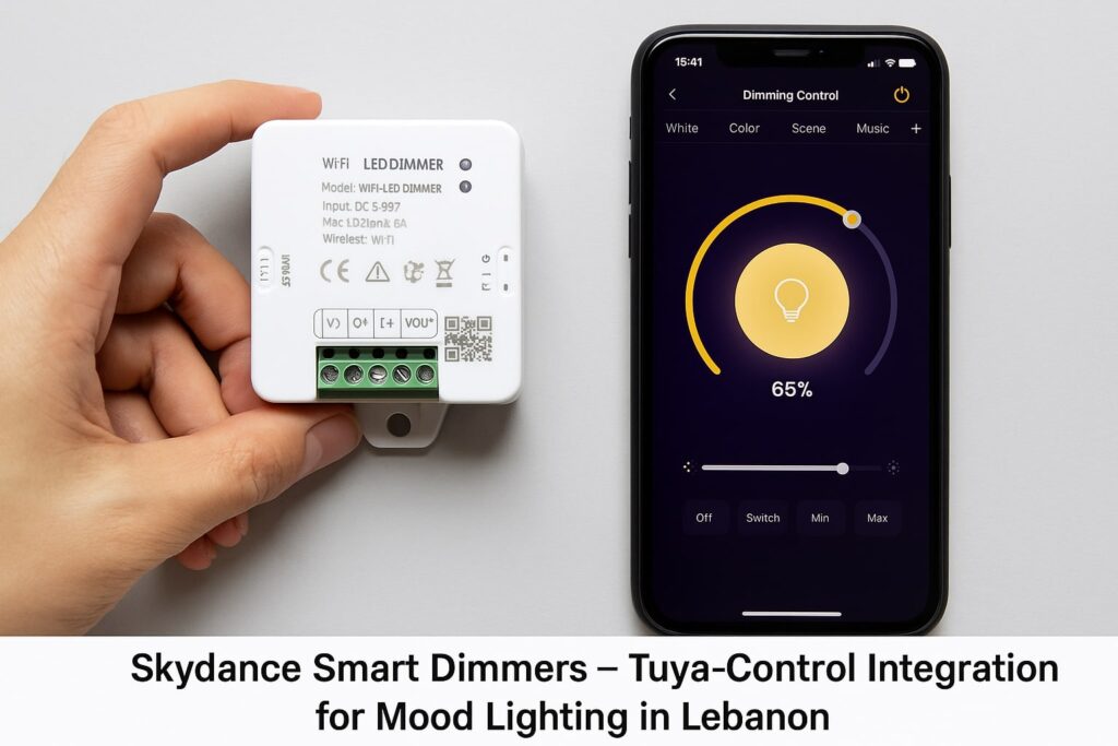 Skydance smart dimmer with smartphone showing Tuya app dimming control at 65%