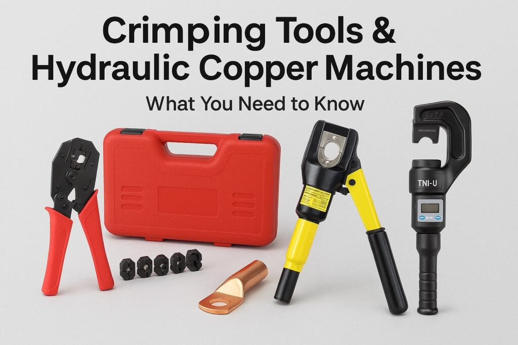 Crimping tools and hydraulic copper machines with dies, red tool case, and copper lug on gray background