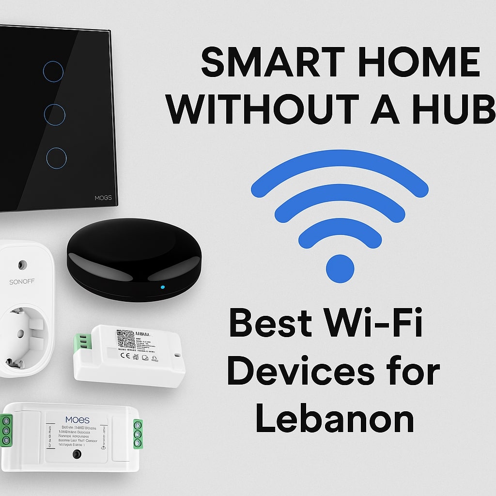 Wi-Fi smart home devices including MOES switch, Sonoff plug, and Tuya IR controller displayed for hub-free setup in Lebanon