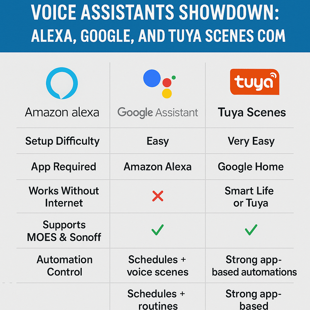 Comparison of Alexa, Google Assistant, and Tuya Scenes for smart home control in Lebanon