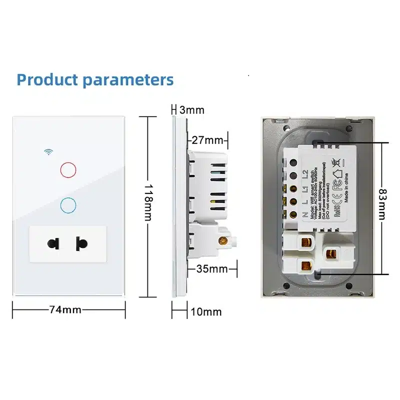 118type-smart-switch-socket-product-dimensions 118 type WiFi smart switch with socket showing front and side dimensions