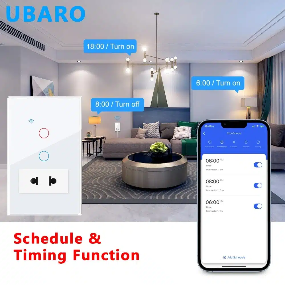 118type-smart-switch-socket-schedule-timing-function 118 type smart switch with socket and Smart Life app showing lighting schedule and timing