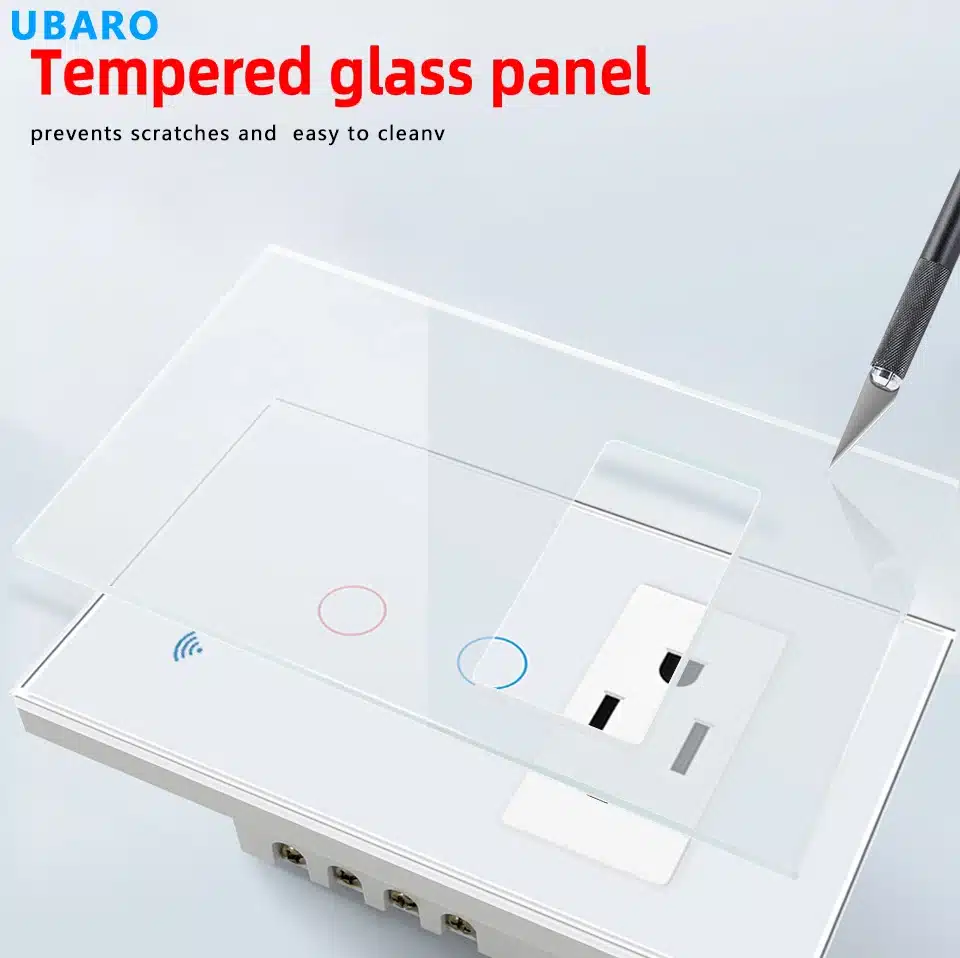 118type-smart-switch-socket-tempered-glass-panel Tempered glass panel of 118 type smart switch and socket showing scratch-resistant surface