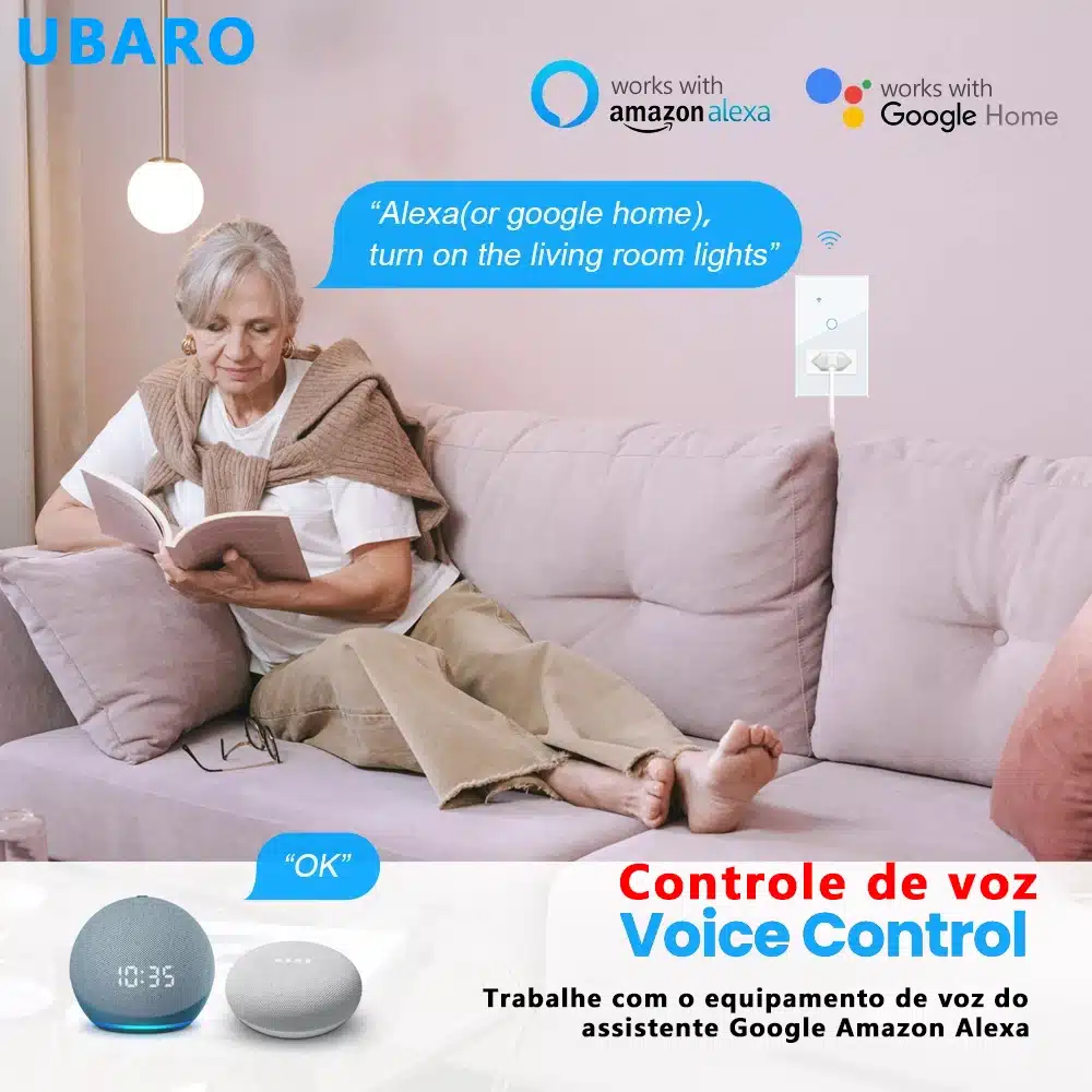 118type-smart-switch-socket-voice-control-elderly-user Elderly woman using Alexa or Google Home to control 118 type smart switch with socket