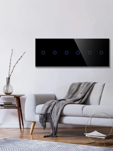 Black 6-gang WiFi touch light switch installed in modern living room – tempered glass smart switch