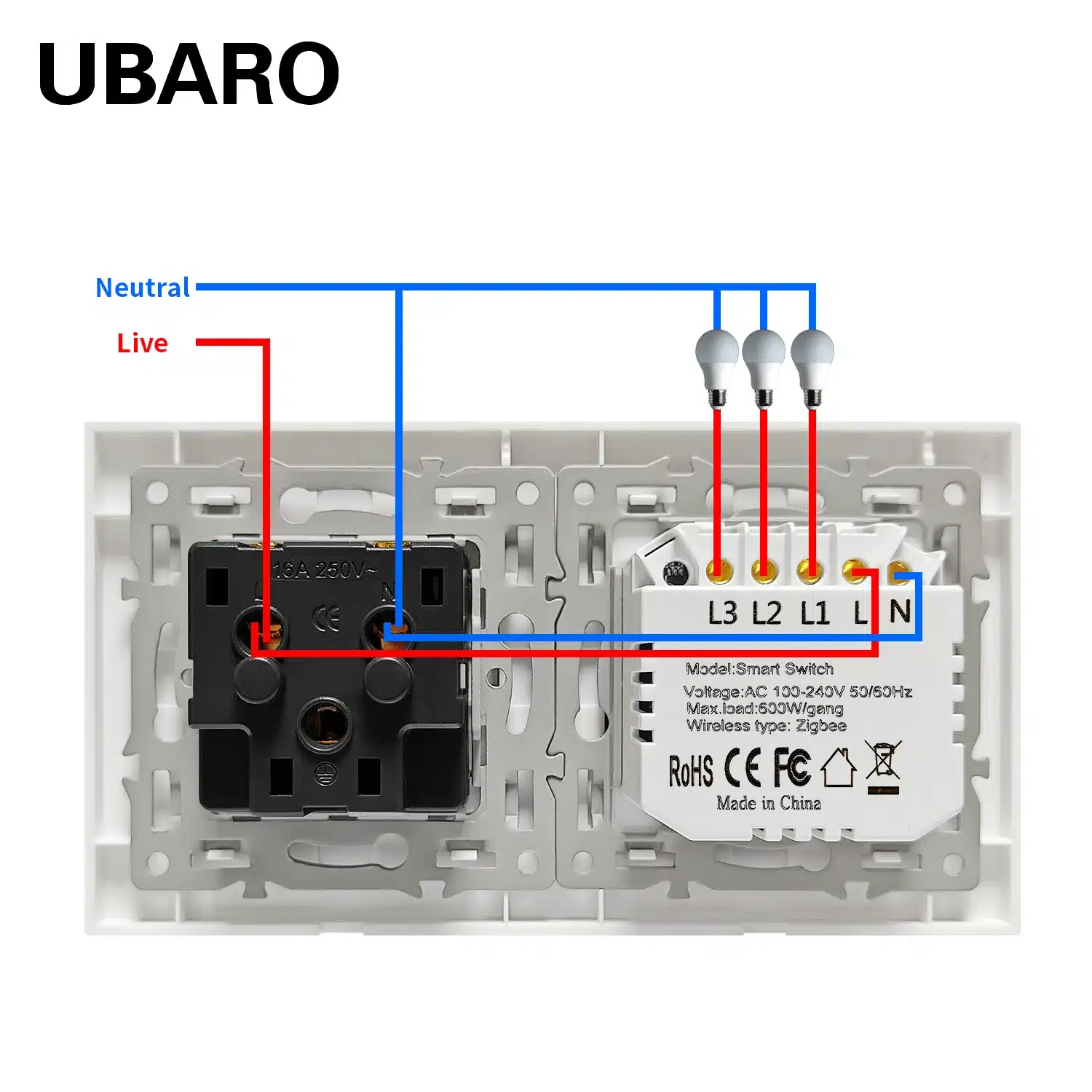 wevolt-euro-157-wiring-diagram-l-n-1-2-3-gang-socket Euro 157 smart touch switch socket wiring diagram showing Live, Neutral, and L1–L3 outputs