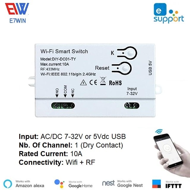 Ewelink Smart Switch 1 Channel - Input 7-32V - With Cover