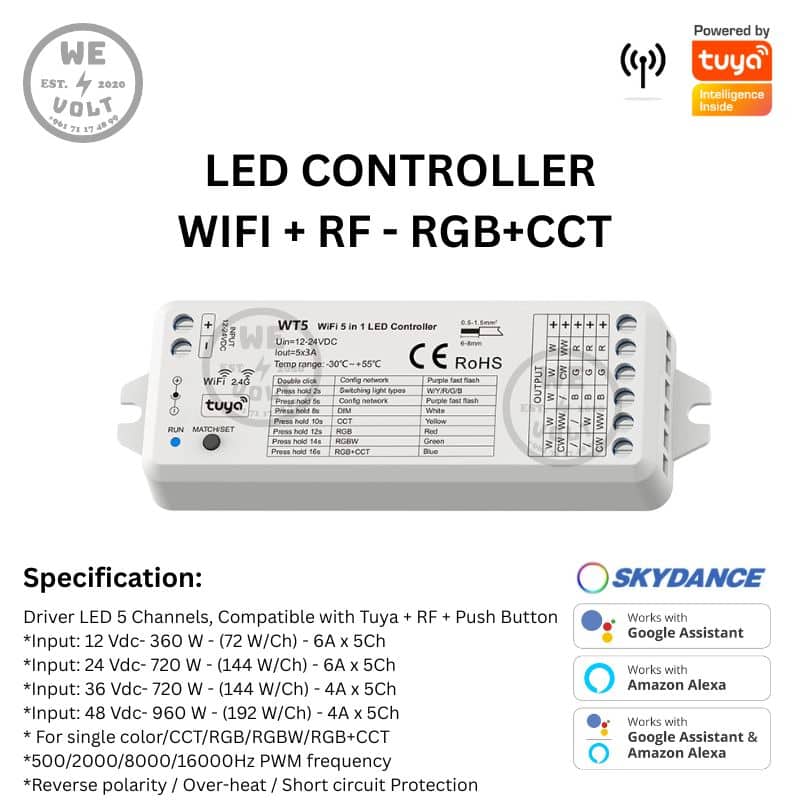 Skydance V5-L – 5CH Smart LED Driver (RGB/CCT/RGBW, Tuya + RF + Push)