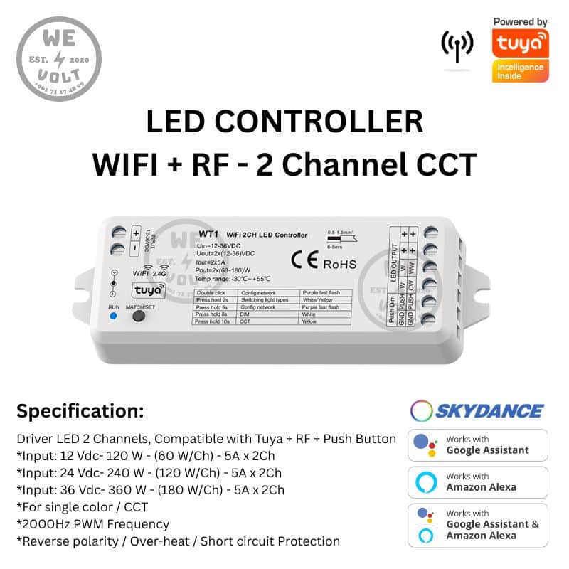Skydance WT1 – 2CH LED Driver (CCT/Single Color, Tuya + RF + Push)