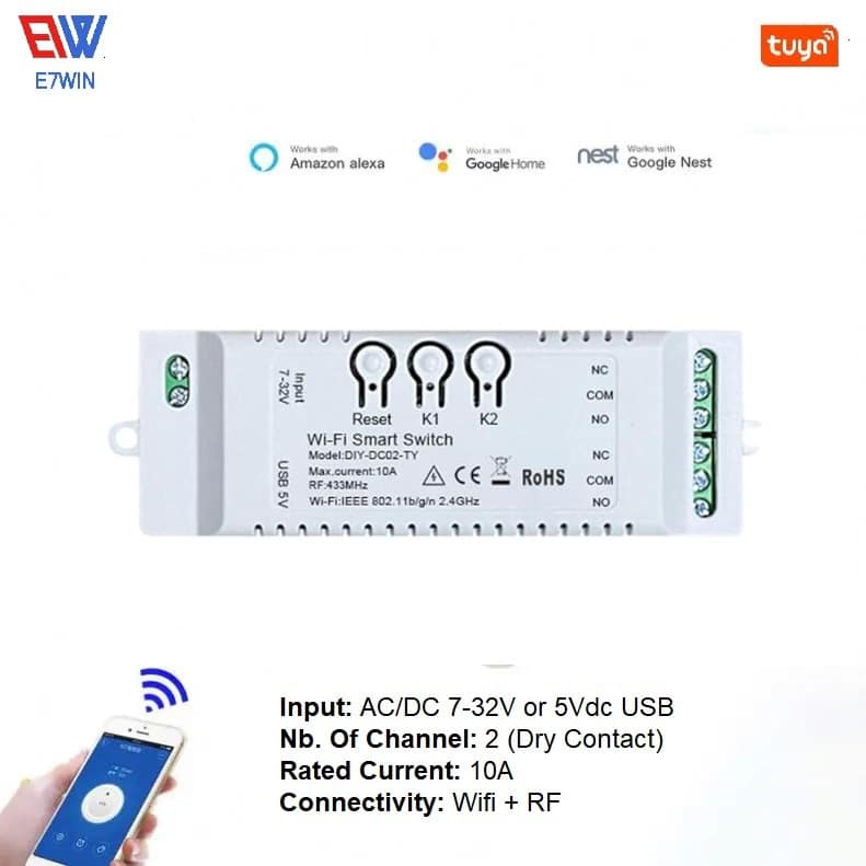 TUYA Smart Switch 2 Channel - Input 7-32V Ac/dc
