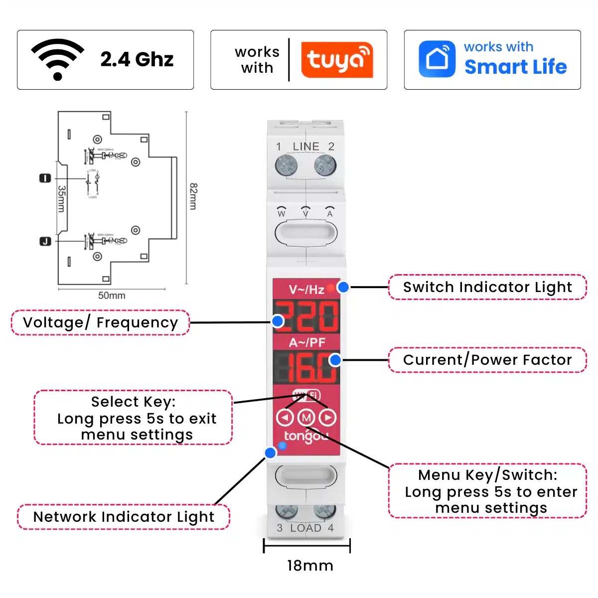 Tongou TOVMT – 2P 16A Tuya WiFi Smart Switch | L-L / L-N - Image 2