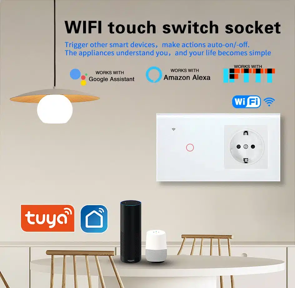TUYA Smart Touch Switch & Socket Combination – 1/2 Gang + 2 Sockets (White/Black)
