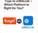 Comparison between Tuya and eWeLink smart home platforms showing their logos side by side