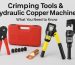 Crimping tools and hydraulic copper machines with dies, red tool case, and copper lug on gray background